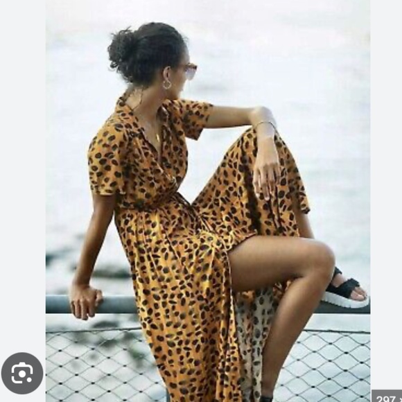 Vianne Maxi Shirtdress Cheetah Leopard Animal Cat Print Art Cottage Maxi Dress - Picture 8 of 9